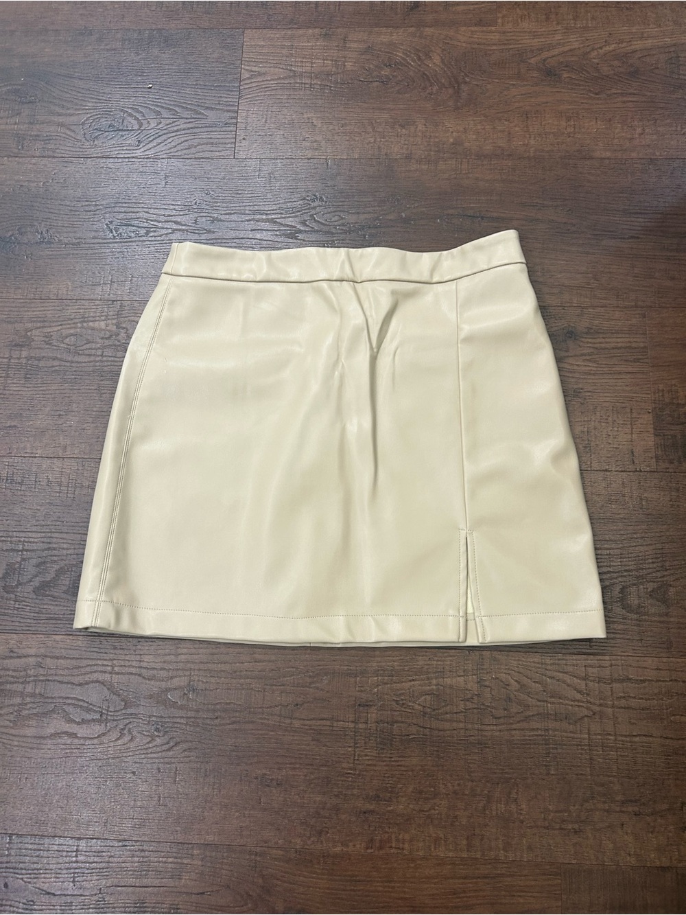 Shinestar Cream Faux Leather Mini Skirt with Small Front Slit